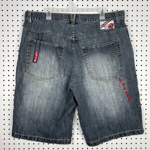 96 North Goth Baggy Jean Shorts Sz 38 Stitched Stash Pocket Jorts Wide Skate Y2K